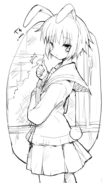 mutsutake, nagato yuki, suzumiya haruhi no yuuutsu, 00s, animal ears, greyscale, monochrome, rabbit ears, school uniform, serafuku, sketch, solo