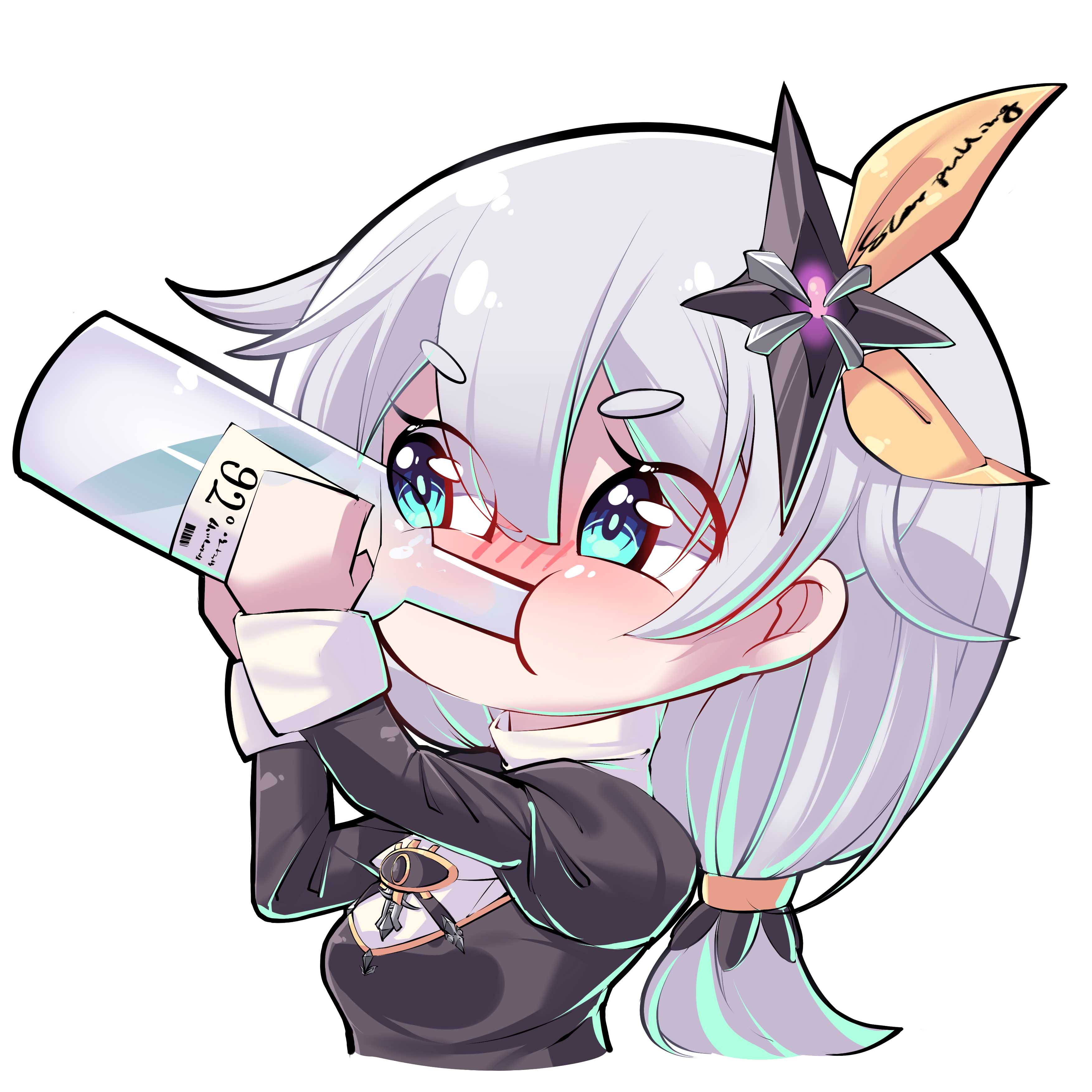 star pudding, theresa apocalypse, theresa apocalypse (valkyrie pledge), honkai (series), honkai impact 3rd, absurdres, highres, 1girl, alcohol, black dress, blue eyes, blush, bottle, chibi, dress, drinking, hair ornament, holding, holding bottle, long hair, long sleeves, nun, simple background, solo, upper body, white background, white hair, wine, wine bottle