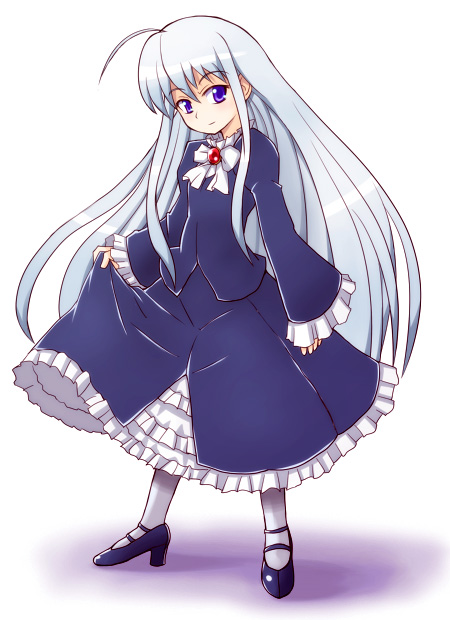 yn1982, anzelotte, night wizard, silver hair, 00s, 1girl, ahoge, black shoes, blue dress, brooch, dress, female focus, full body, gem, grey pantyhose, head tilt, high heels, jewelry, long hair, long sleeves, looking at viewer, pantyhose, purple eyes, shoes, sidelocks, simple background, smile, solo, standing, very long hair, white background