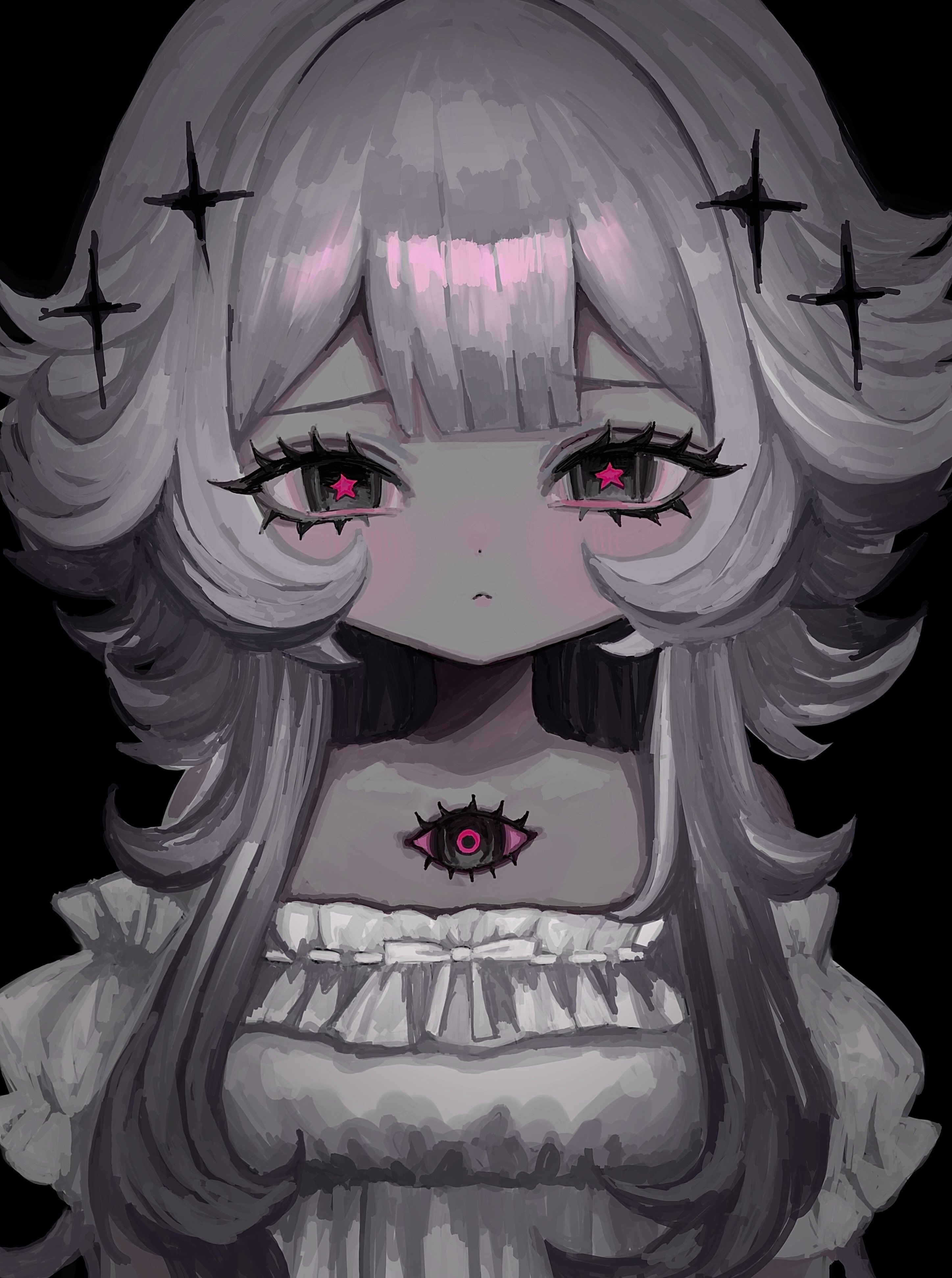 shiona (siona0625), original, absurdres, highres, 1girl, blunt bangs, bow, dress, frilled dress, frills, lolita fashion, long hair, looking at viewer, ribbon, simple background, solo, straight-on, upper body