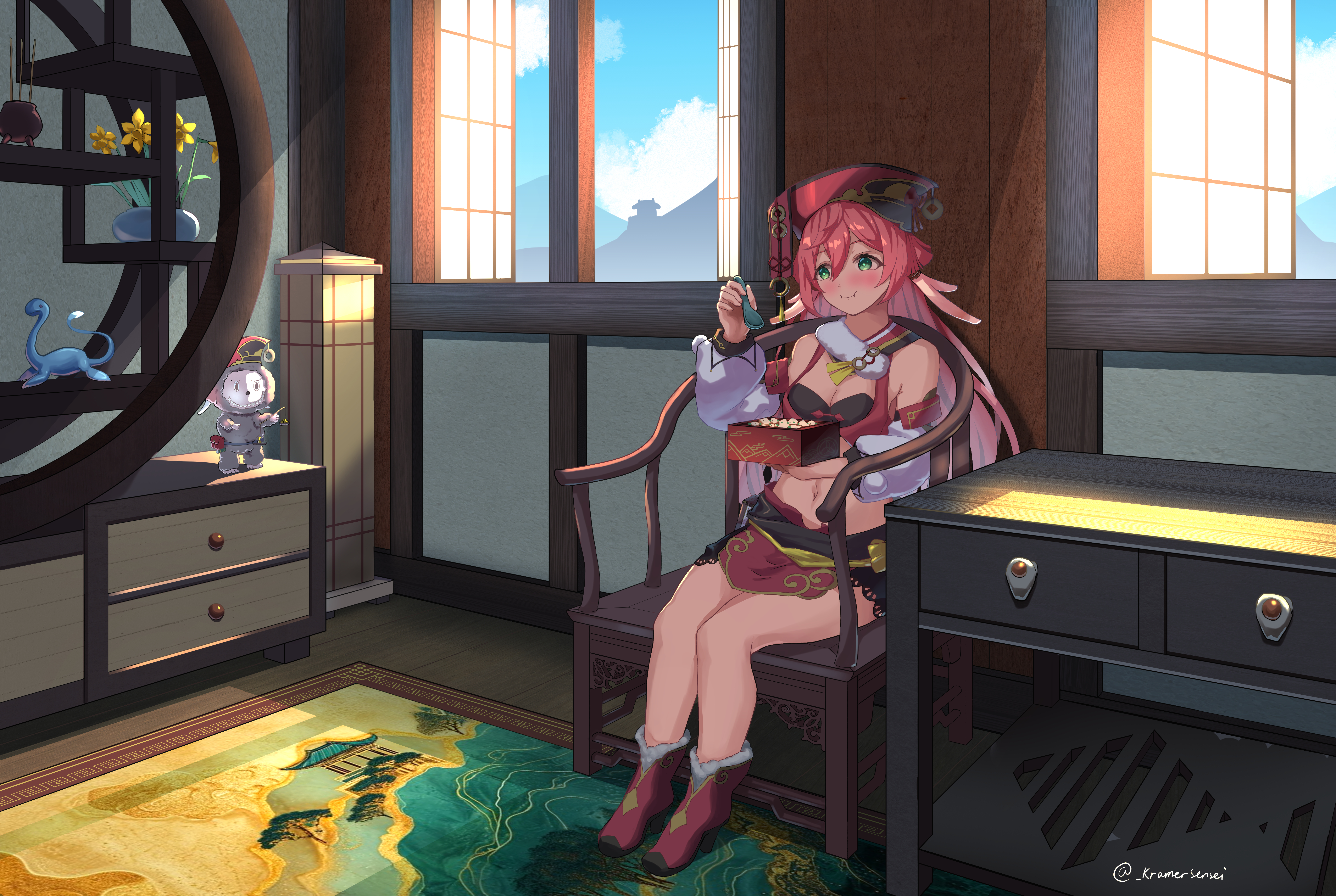 labubu, yanfei (genshin impact), genshin impact, pop mart, absurdres, chinese commentary, commentary request, highres, 1girl, ankle boots, antlers, bare shoulders, black bloomers, black bra, bloomers, blue sky, blush, boots, bra, breasts, chair, cleavage, closed mouth, cloud, crop top, day, deer antlers, detached sleeves, doll, eating, full body, green eyes, hair between eyes, hat, horns, indoors, kramer-sensei, long hair, looking to the side, medium breasts, midriff, navel, on chair, open window, pink hair, plant, potted plant, red boots, red hat, red skirt, shadow, shelf, sidelocks, sitting, skirt, sky, solo, table, twitter username, underwear, white sleeves, window, xiezhi guan