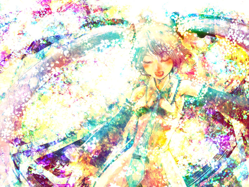 hayapi, hatsune miku, sakura no kisetsu (vocaloid), vocaloid, 1girl, :d, armpits, bare shoulders, cherry blossoms, closed eyes, colorful, detached sleeves, female focus, headphones, headset, long hair, mohican, necktie, open mouth, petals, shirt, sleeveless, sleeveless shirt, smile, solo, twintails, very long hair