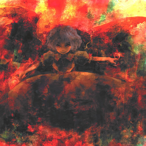 hayapi, remilia scarlet, touhou, lowres, 1girl, bat wings, cowboy shot, dark, dress, evil smile, female focus, mohican, outstretched arms, puffy short sleeves, puffy sleeves, purple hair, red eyes, shaded face, shadow, short hair, short sleeves, smile, solo, standing, vampire, white dress, wings