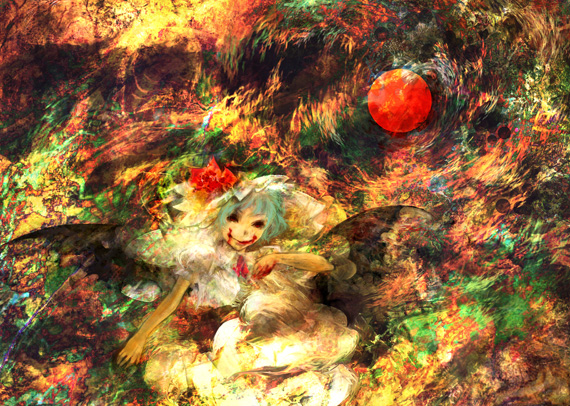 hayapi, remilia scarlet, touhou, silver hair, 1girl, bat wings, dress, expressionless, female focus, full moon, head tilt, looking at viewer, mohican, moon, puffy short sleeves, puffy sleeves, red eyes, red moon, short hair, short sleeves, solo, upper body, vampire, white dress, wings