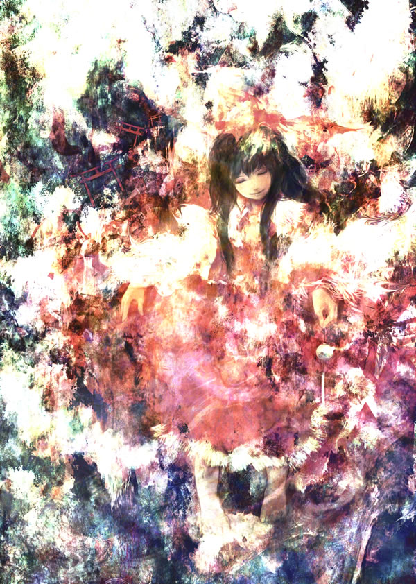 hayapi, hakurei reimu, touhou, 1girl, abstract, black hair, closed eyes, dress, female focus, full body, long hair, long sleeves, mohican, red dress, sidelocks, solo, standing
