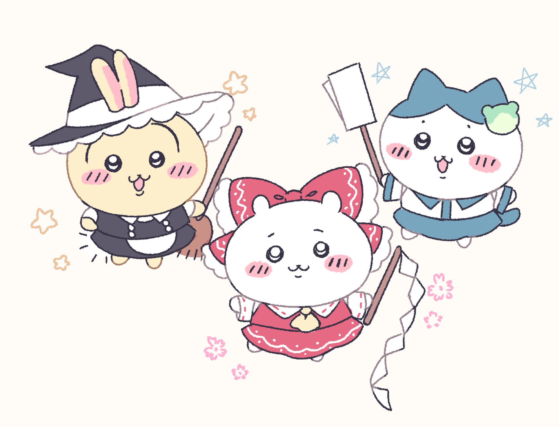 dreamysuite, chiikawa (character), hachiware (chiikawa), hakurei reimu, kirisame marisa, kochiya sanae, usagi (chiikawa), chiikawa, touhou, commentary, english commentary, highres, :3, blush stickers, bow, broom, cosplay, ears through headwear, frog hair ornament, gohei, hair ornament, hakurei reimu (cosplay), hat, kirisame marisa (cosplay), kochiya sanae (cosplay), open mouth, skirt, skirt set, smile, star (symbol), witch hat