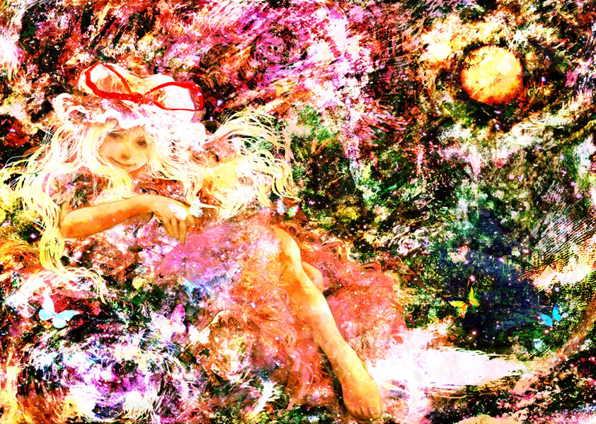 hayapi, yakumo yukari, touhou, silver hair, 1girl, abstract, bare shoulders, barefoot, dress, female focus, full body, looking at viewer, mohican, pink dress, puffy short sleeves, puffy sleeves, red eyes, short sleeves, sitting, solo