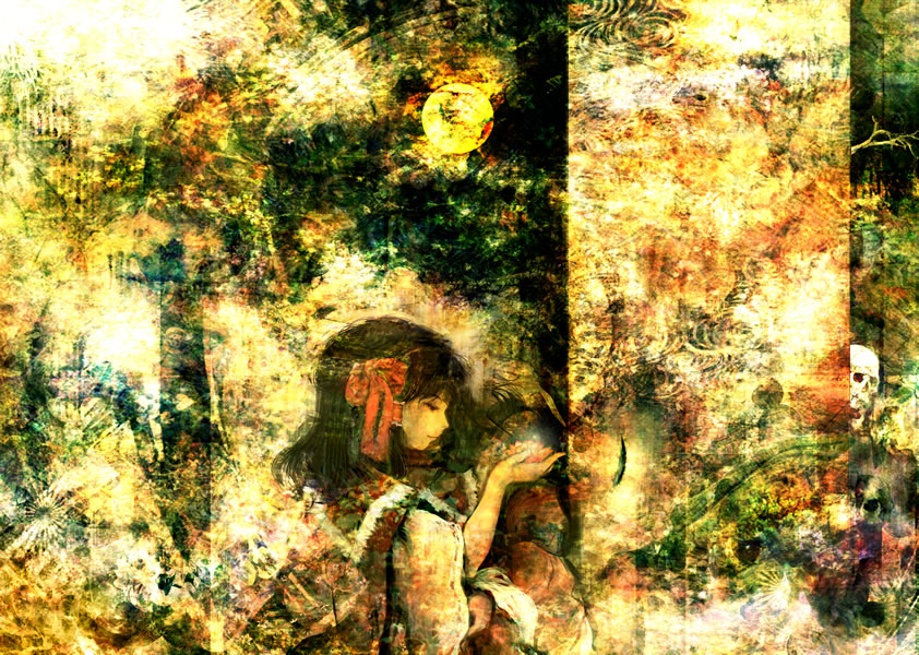 hayapi, hakurei reimu, touhou, 1girl, abstract, black hair, female focus, from side, long sleeves, mohican, open hand, profile, short hair, solo, upper body