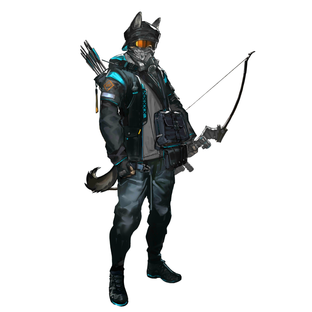 arknights, official art, third-party source, 1boy, animal ears, arrow (projectile), backwards hat, bag, bandana, bandana over mouth, black jacket, bow (weapon), denim, field cap, full body, goggles, grey shirt, hat, holding, holding bow (weapon), holding weapon, jacket, jeans, long sleeves, male focus, mask, orange-tinted eyewear, pants, reserve operator sniper (arknights), respirator, rhodes island logo (arknights), rhodes island uniform, shirt, shoulder bag, simple background, solo, standing, tachi-e, tail, tinted eyewear, transparent background, walkie-talkie, weapon