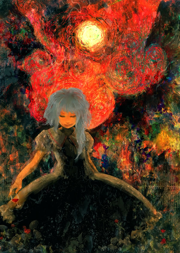 hayapi, remilia scarlet, touhou, eyebrows, 1girl, abstract, blue hair, closed eyes, cup, dress, drinking glass, female focus, mohican, puffy short sleeves, puffy sleeves, short sleeves, smile, solo, wine glass