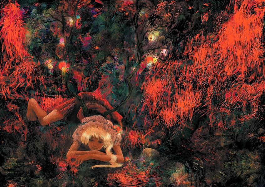 hayapi, flandre scarlet, touhou, 1girl, abstract background, alternate wings, arm support, barefoot, blonde hair, closed mouth, dark-skinned female, dark skin, demon wings, dress, female focus, full body, glowing, hat, long hair, looking at viewer, lying, mob cap, mohican, on stomach, puffy short sleeves, puffy sleeves, red dress, rock, short sleeves, side ponytail, smile, solo, white hat, wings