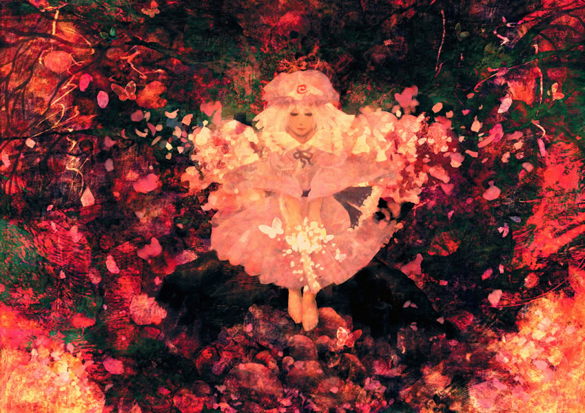 hayapi, saigyouji yuyuko, touhou, 1girl, barefoot, bug, butterfly, cherry blossoms, female focus, full body, hat, mob cap, mohican, petals, red theme, ribbon, skull, solo, triangular headpiece, v arms, wide sleeves