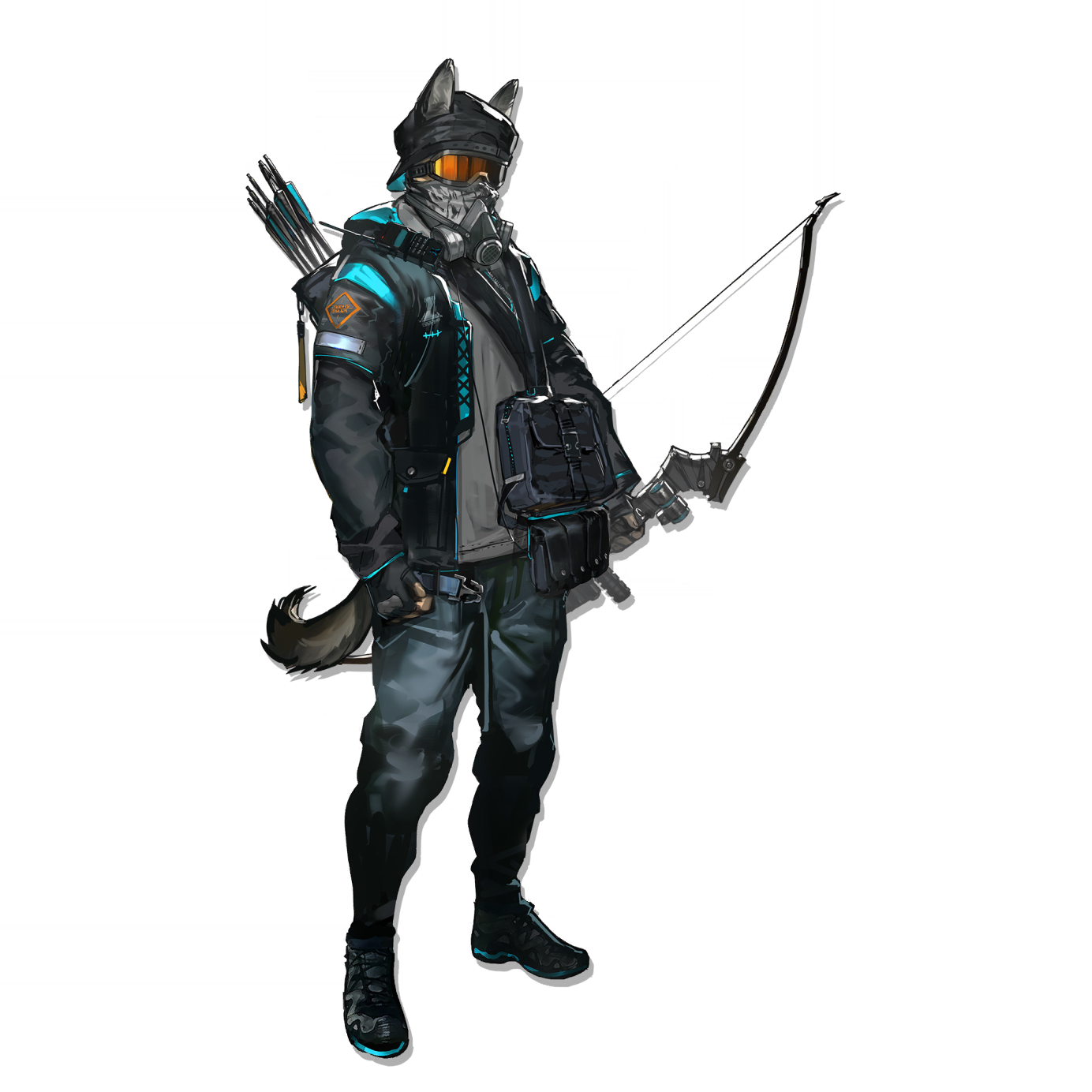 arknights, highres, official art, third-party source, 1boy, animal ears, arrow (projectile), backwards hat, bag, bandana, bandana over mouth, black jacket, bow (weapon), denim, drop shadow, field cap, full body, goggles, grey shirt, hat, holding, holding bow (weapon), holding weapon, jacket, jeans, long sleeves, male focus, mask, orange-tinted eyewear, pants, reserve operator sniper (arknights), respirator, rhodes island logo (arknights), rhodes island uniform, shirt, shoulder bag, simple background, solo, standing, tachi-e, tail, tinted eyewear, transparent background, walkie-talkie, weapon