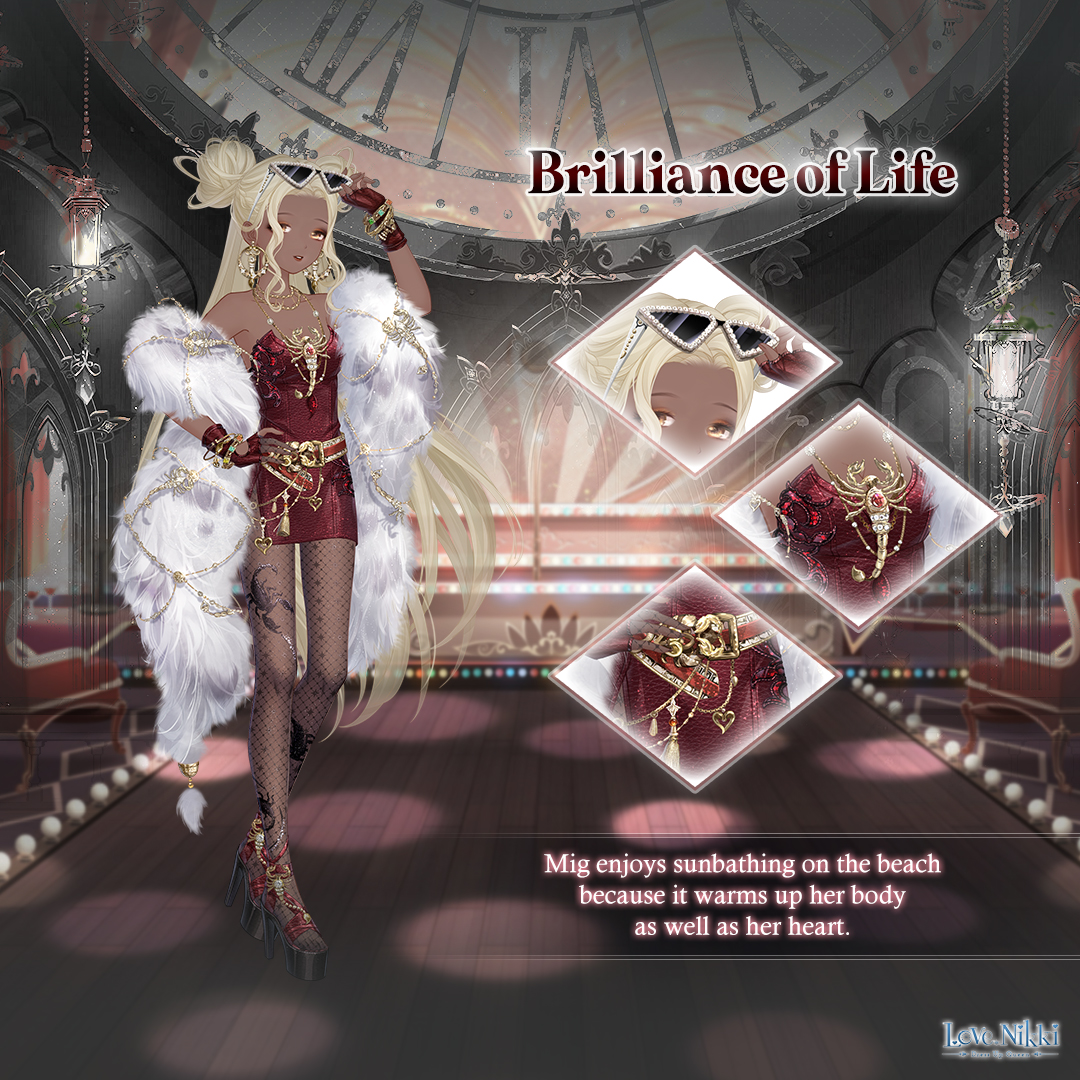 miracle nikki, nikki (series), artist request, official art, 1girl, adjusting eyewear, alcohol, belt, belt buckle, black pantyhose, black shoes, blonde hair, bracelet, brilliance of life (miracle nikki), brown-framed eyewear, buckle, chair, character name, clock, copyright name, cup, dark-skinned female, dark skin, double bun, dress, drinking glass, earrings, english text, eyelashes, eyeshadow, eyewear on head, fingerless gloves, fishnet pantyhose, fishnets, full body, fur shawl, gloves, gold bracelet, gold buckle, gold earrings, gold necklace, hair bun, hand on own hip, high heels, hoop earrings, indoors, jewelry, lantern, light particles, logo, long hair, makeup, multiple bracelets, necklace, pantyhose, platform shoes, red belt, red dress, red eyeshadow, red gloves, shawl, shoes, short dress, sidelocks, solo, spotlight, stage, standing, strapless, strapless dress, sunglasses, triangular eyewear, very long hair, wavy hair, white shawl, wine, wine glass, yellow eyes