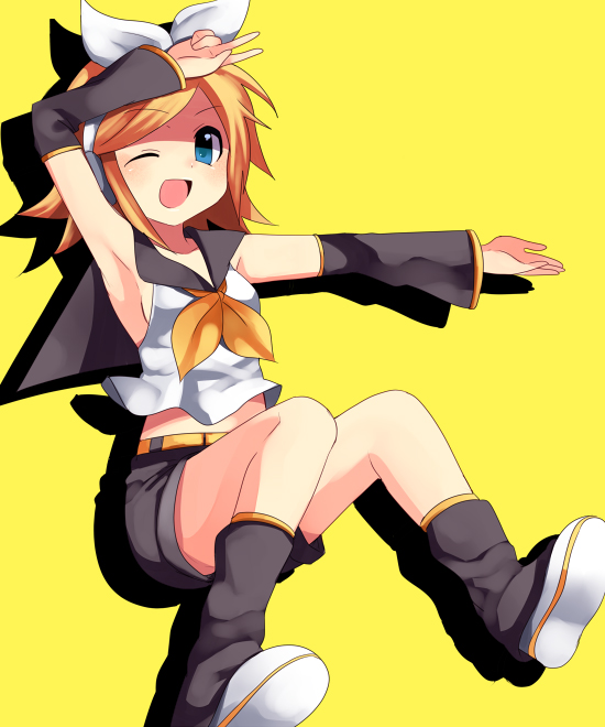 subaru (yachika), kagamine rin, vocaloid, 1girl, :d, armpits, belt, blonde hair, blue eyes, bow, detached sleeves, female focus, headphones, jumping, leg warmers, midriff, one eye closed, open mouth, outstretched arm, shirt, shoes, shorts, sleeveless, sleeveless shirt, smile, solo, v