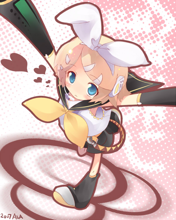 mugen dai, kagamine rin, vocaloid, 1girl, arms up, belt, blonde hair, blue eyes, blush, bow, circle, detached sleeves, female focus, hair ornament, hairclip, headphones, headset, heart, leg up, leg warmers, light smile, shirt, shoes, shorts, sleeveless, sleeveless shirt, solo