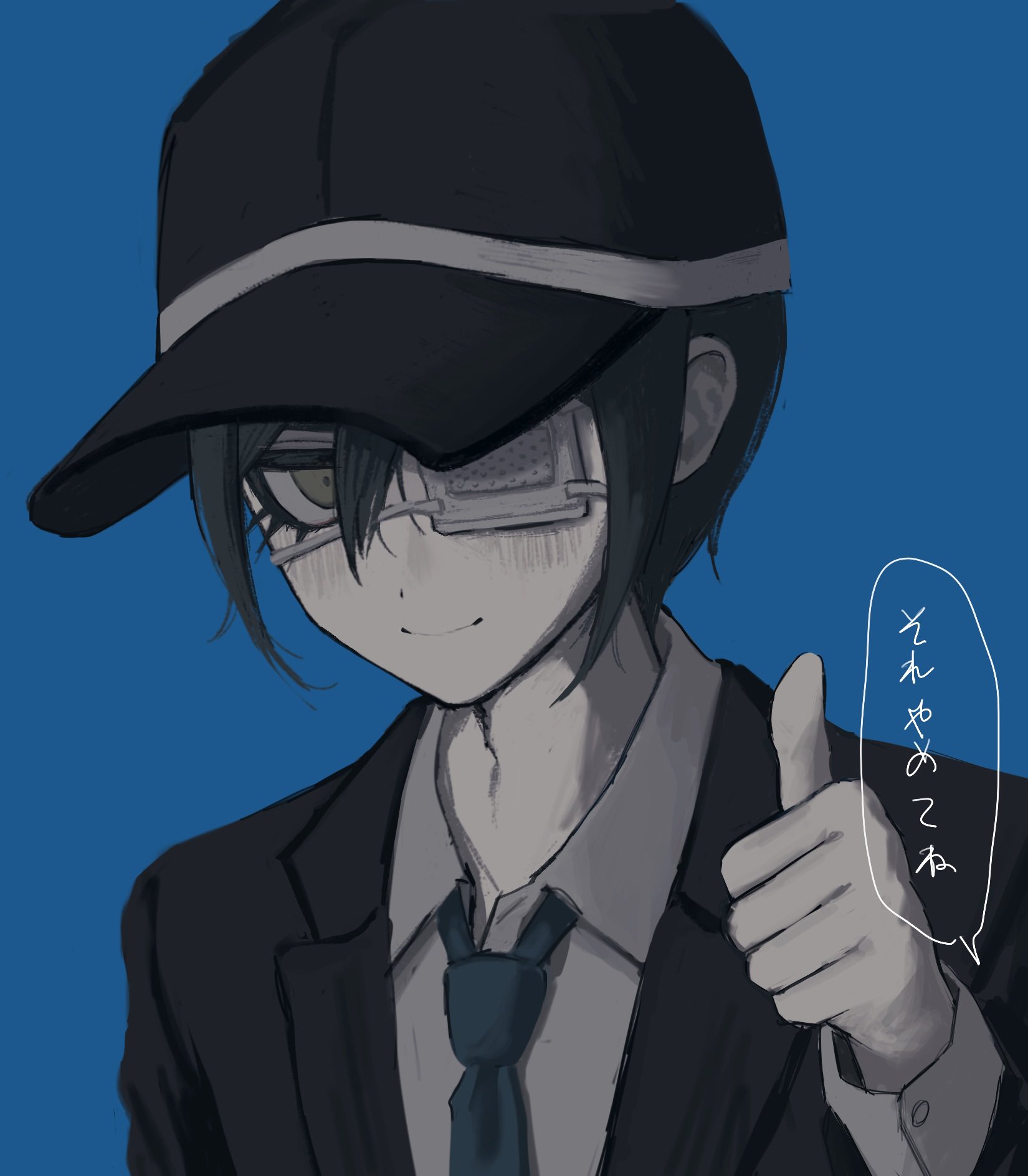 ie (kshgnhg), saihara shuichi, danganronpa (series), danganronpa v3: killing harmony, highres, translation request, 1boy, baseball cap, black hair, black hat, black jacket, blue background, blue necktie, blush, closed mouth, collared shirt, eyepatch, grey shirt, hair between eyes, hat, jacket, long sleeves, looking at viewer, male focus, medical eyepatch, necktie, shirt, simple background, solo, speech bubble, thumbs up, upper body, white shirt, yellow eyes