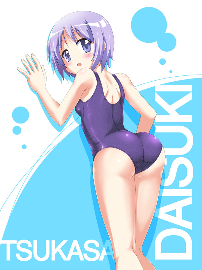 betanya, hiiragi tsukasa, lucky star, 00s, 1girl, ass, blush, character name, female focus, looking back, one-piece swimsuit, purple eyes, purple hair, purple one-piece swimsuit, purple school swimsuit, school swimsuit, short hair, solo, swimsuit