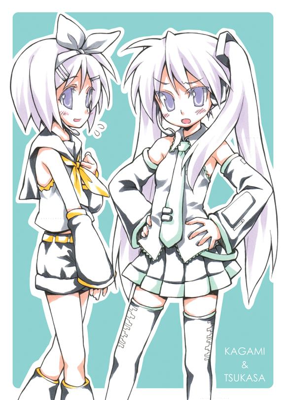 koshiki yuuichi, hatsune miku, hiiragi kagami, hiiragi tsukasa, kagamine rin, lucky star, vocaloid, 2girls, bow, cosplay, detached sleeves, hatsune miku (cosplay), kagamine rin (cosplay), long hair, multiple girls, necktie, purple eyes, purple hair, sisters, skirt, standing, thighhighs, thighs, twins, twintails, very long hair, zettai ryouiki