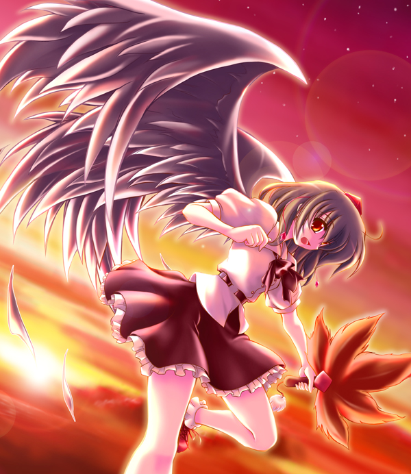 yume keikaku, yumeya honpo, shameimaru aya, touhou, 1girl, angel wings, female focus, frills, grey hair, hat, looking at viewer, open mouth, red eyes, solo, sunset, wings