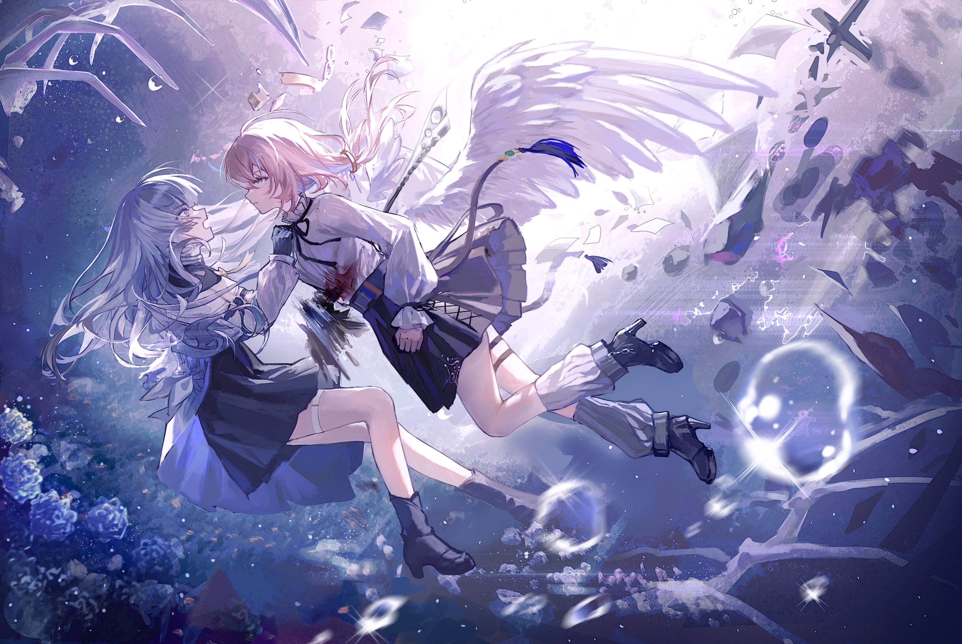 insight (designant) (arcaea), arcaea, yellow pillow, absurdres, highres, 2girls, angel wings, bandage on face, bandages, bandaid, bandaid on face, belt, black boots, black dress, black gloves, black pantyhose, black skirt, blonde hair, blue eyes, blue hair, boots, bow, breasts, compassion (arcaea), detached wings, dress, earrings, elliesnowy17, expressionless, full body, gloves, hair between eyes, high heels, insight (arcaea), jewelry, knee boots, lap pillow, long sleeves, loose socks, medium breasts, multicolored hair, multiple girls, open mouth, pantyhose, purple eyes, shirt, short hair, single glove, skirt, socks, streaked hair, thigh strap, water, white belt, white hair, white shirt, white socks, white wings, wings, yellow bow, yuri