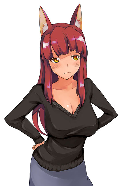 sanae (satansanae), original, 1girl, animal ears, female focus, fox ears, hands on own hips, long hair, red hair, simple background, skirt, solo, sweater, yellow eyes