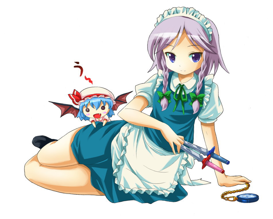michii yuuki, izayoi sakuya, remilia scarlet, touhou, 2girls, chibi, dress, fang, female focus, full body, hat, knife, maid, multiple girls, simple background, throwing knife, weapon, white background