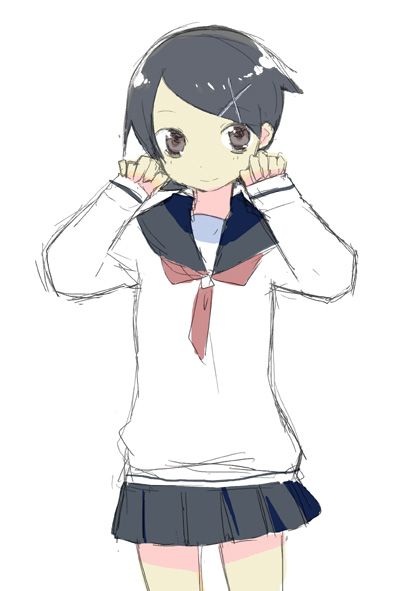 eka eri, fuura kafuka, sayonara zetsubou sensei, 00s, 1girl, female focus, school uniform, serafuku, short hair, simple background, sketch, skirt, solo, white background