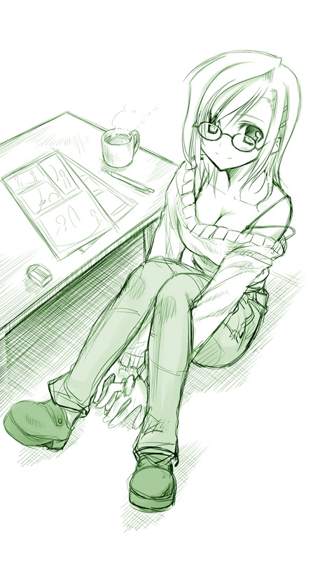 himura kiseki, original, 1girl, asymmetrical hair, breasts, cleavage, coffee, female focus, from above, glasses, green theme, hugging own legs, looking at viewer, monochrome, off shoulder, sitting, sketch, smile, solo, strap slip, sweater