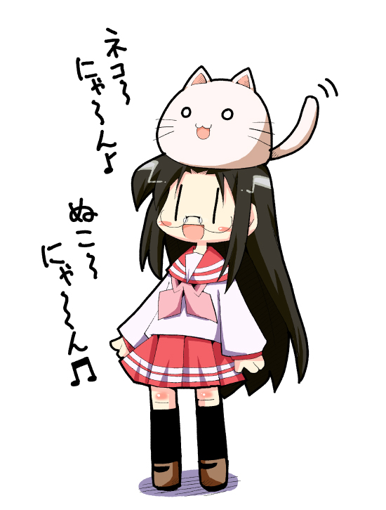 herada mitsuru, nyamo, nyamou, tamura hiyori, yoshimizu kagami (cat), lucky star, translated, 00s, 1girl, :3, animal, animal on head, cat, cat on head, cathead, female focus, glasses, o o, object on head, on head, school uniform, serafuku, solo, tail, tail wagging