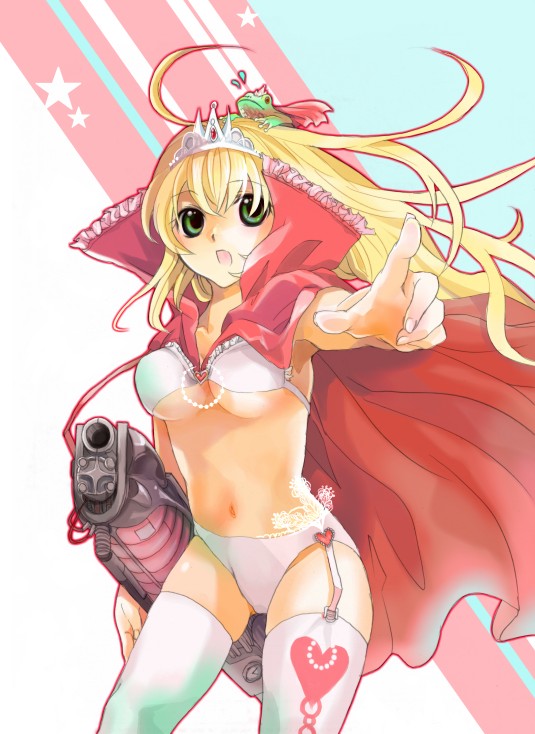 fuzichoco, 1girl, blonde hair, bra, breasts, cape, crown, female focus, frog, green eyes, gun, hat, heart, huzihuzi, large breasts, lingerie, long hair, panties, pointing, solo, tiara, underboob, underwear, underwear only, weapon