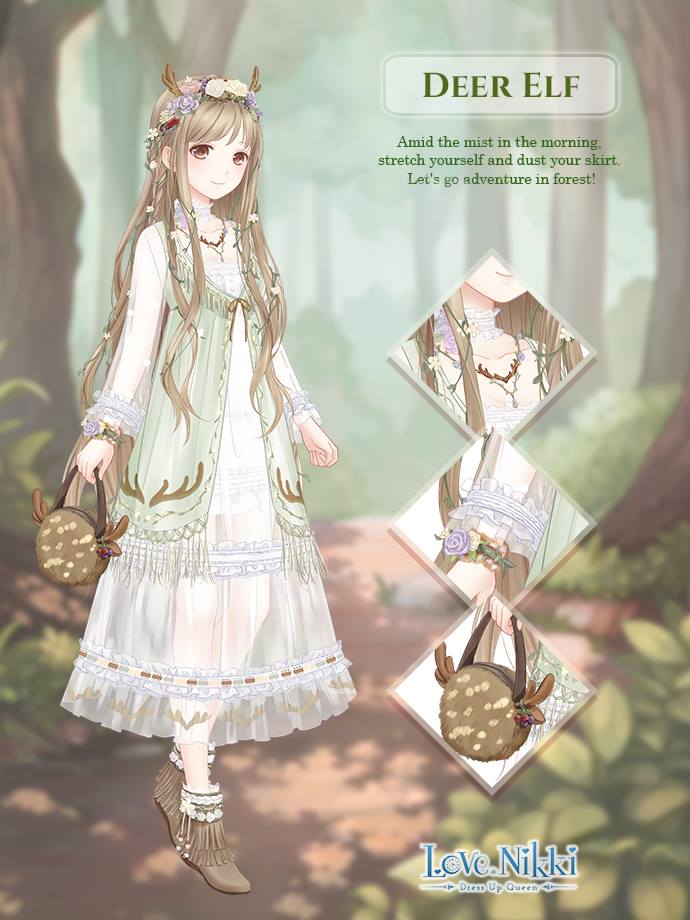 miracle nikki, nikki (series), artist request, official art, 1girl, animal bag, antlers, bag, boots, brown bag, brown boots, brown eyes, brown hair, bush, character name, choker, close-up, closed mouth, copyright name, dappled sunlight, day, deer antlers, deer elf (miracle nikki), deer girl, deer print, dress, english text, flower, flower hairband, forest, frilled choker, frilled dress, frills, fringe trim, full body, fur bag, green dress, handbag, holding, holding bag, horns, layered dress, light blush, logo, long dress, long hair, long sidelocks, long sleeves, looking at viewer, mori kei, nature, neck, outdoors, path, pink flower, pink rose, purple flower, purple rose, ribbon-trimmed dress, ribbon trim, road, rose, see-through clothes, see-through dress, see-through sleeves, sidelocks, smile, socks, solo, standing, sunlight, very long hair, wavy hair, white choker, white dress, white socks, yellow flower, yellow rose