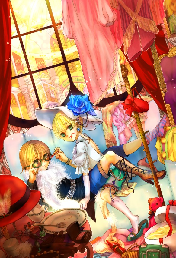 fuzichoco, original, gender request, androgynous, blonde hair, dress-up, glasses, green eyes, huzihuzi, lipstick, lying, makeup, shoe dangle, shoes, single shoe, sitting
