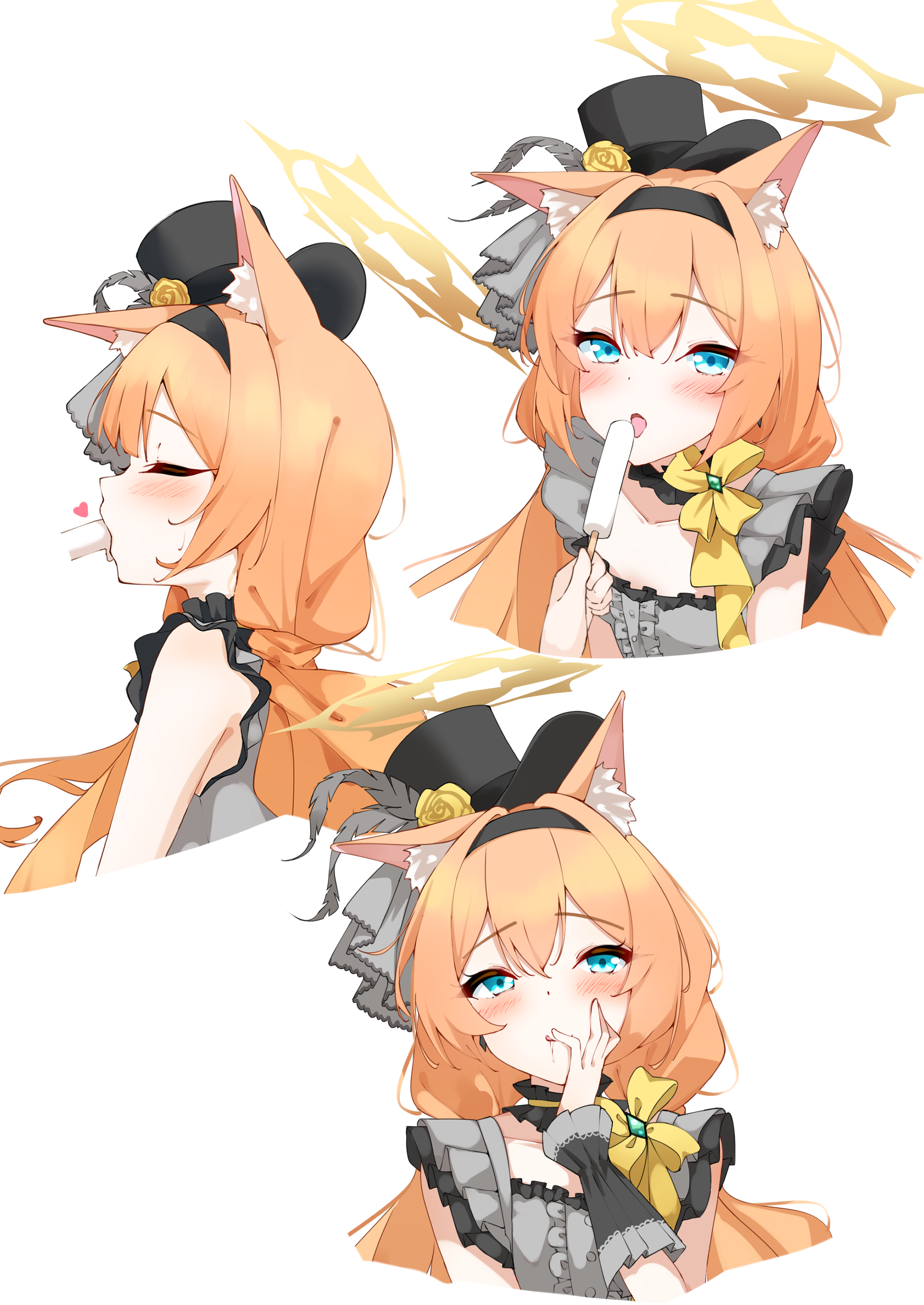 kabocya na, mari (blue archive), mari (idol) (blue archive), blue archive, absurdres, commentary, highres, 1girl, animal ear fluff, animal ears, black dress, black hairband, black hat, blue eyes, blush, cat ears, choker, dress, flower, food, frilled choker, frilled wrist cuffs, frills, hair between eyes, hair ornament, hairband, halo, hat, hat flower, heart, idol, idol clothes, long hair, looking at viewer, multiple views, official alternate costume, open mouth, orange hair, popsicle, rose, simple background, sleeveless, sleeveless dress, sweatdrop, top hat, upper body, white background, wrist cuffs, yellow flower, yellow halo, yellow rose