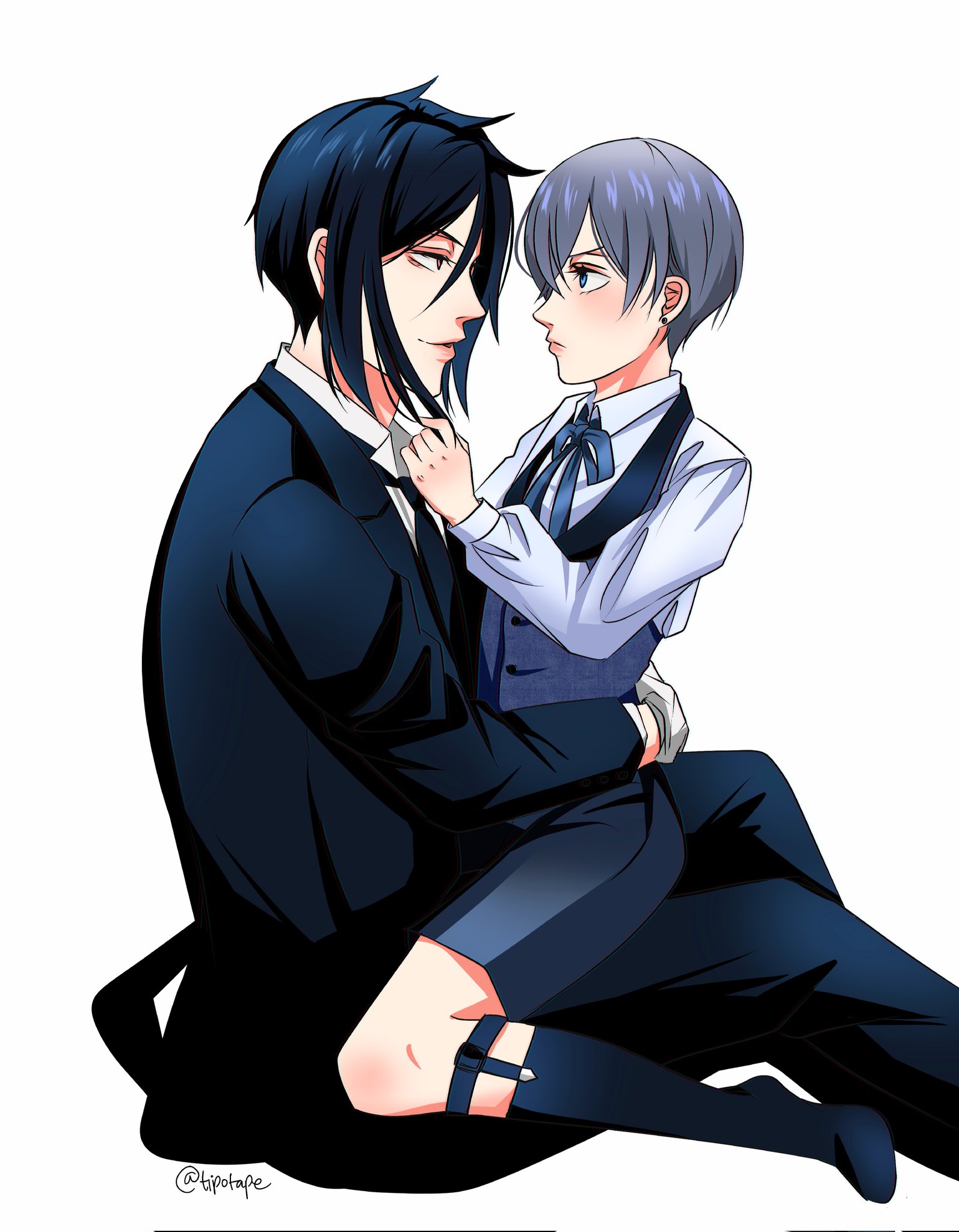 ciel phantomhive, sebastian michaelis, kuroshitsuji, highres, 2boys, age difference, bishounen, black hair, black suit, bow, butler, earrings, eyepatch, formal clothes, gloves, hair between eyes, jacket, jewelry, male focus, multiple boys, onii-shota, ouji fashion, ribbon, shirt, short hair, smile, suit, tipotape, victorian, yaoi