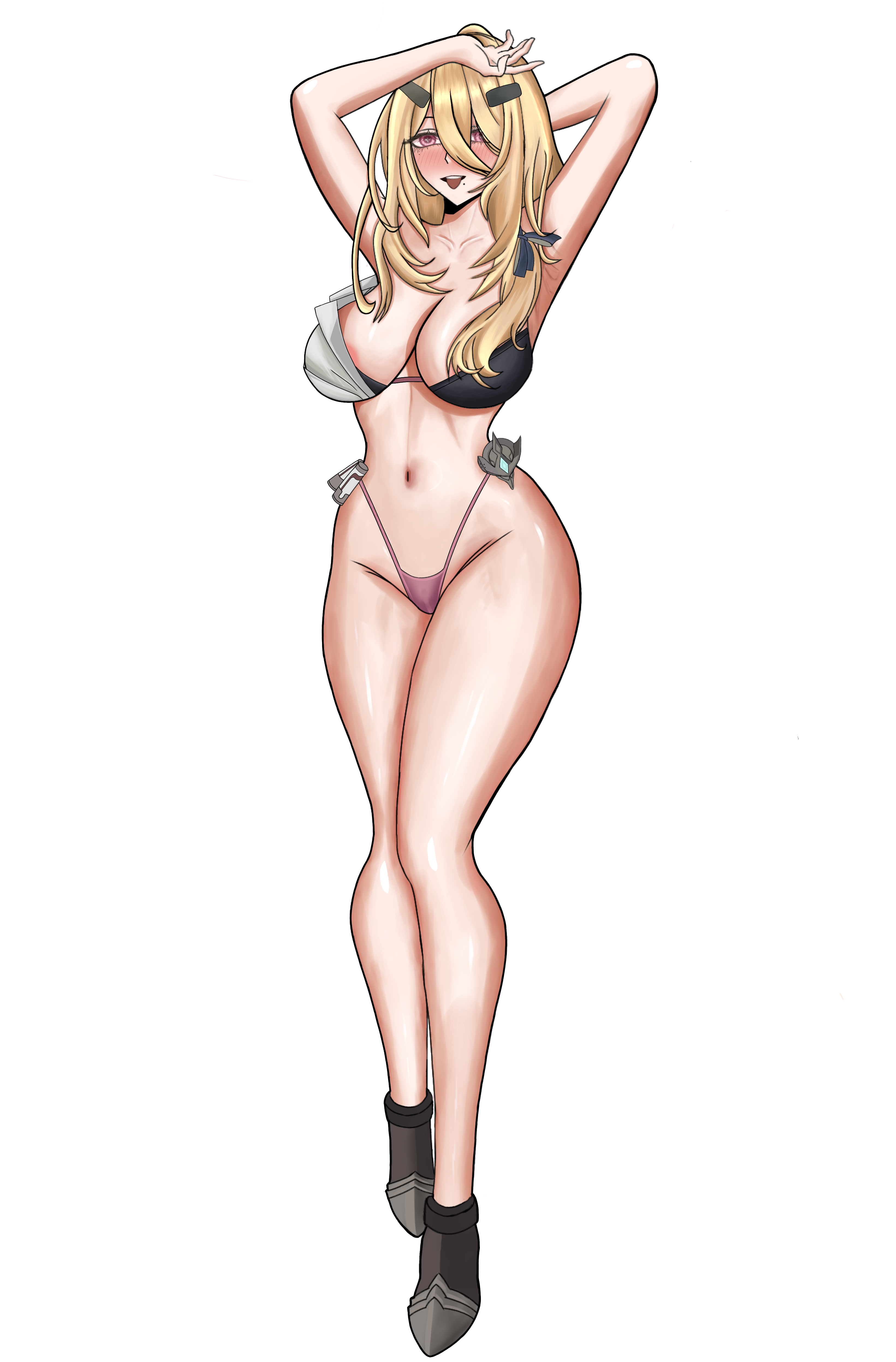 andoris (girls' frontline 2), girls' frontline, girls' frontline 2: exilium, absurdres, commentary, english commentary, highres, 1girl, alternate costume, areola slip, arm behind head, arm on own head, armpits, bikini, blonde hair, blush, breasts, cleavage, collarbone, full body, hair ornament, hairclip, long hair, looking at viewer, medium breasts, midriff, milphy99, mole, mole under eye, mole under mouth, navel, open mouth, pink eyes, ponytail, sidelocks, simple background, solo, standing, swimsuit, teeth, thighs, tongue, tongue out, upper teeth only, white background