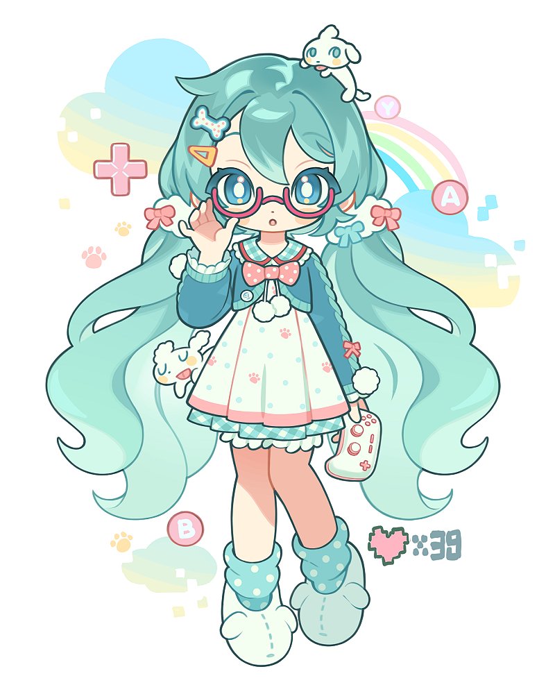 myunazzang, hatsune miku, vocaloid, 1girl, adjusting eyewear, animal, animal on head, animal slippers, aqua cardigan, aqua hair, aqua skirt, aqua socks, blush, bow, cardigan, control button, controller, dog, dog on head, dog slippers, dress, game controller, gingham skirt, glasses, hand on eyewear, heart, holding, holding controller, holding game controller, long hair, looking at viewer, low twintails, on head, paw print, pixel heart, pleated dress, pleated skirt, polka dot, polka dot bow, polka dot socks, red-framed eyewear, red bow, round eyewear, skirt, slippers, socks, tongue, tongue out, twintails, very long hair, white background