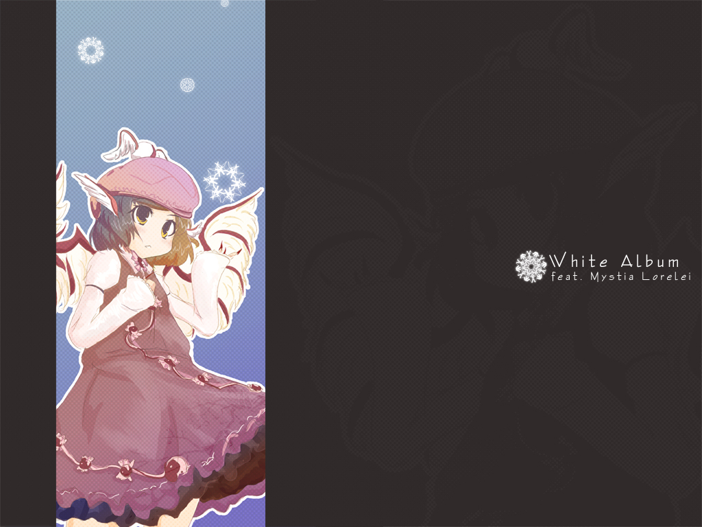 renten, mystia lorelei, touhou, 1girl, blush, dress, female focus, frills, hat, head wings, looking at viewer, mob cap, puffy short sleeves, puffy sleeves, red dress, red eyes, red hair, short hair, short sleeves, solo, text focus, white wings, wings