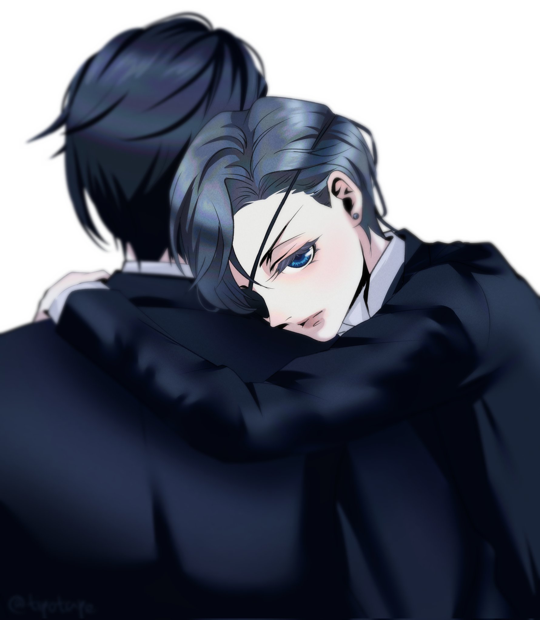 ciel phantomhive, sebastian michaelis, kuroshitsuji, highres, 2boys, bishounen, black hair, black suit, blue eyes, butler, closed mouth, earrings, eyepatch, formal clothes, jewelry, male focus, multiple boys, suit, tipotape, victorian
