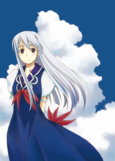 hirono, kamishirasawa keine, touhou, 1girl, arms behind back, blue hair, cloud, day, female focus, hat, long hair, multicolored hair, red eyes, smile, solo, two-tone hair, unworn hat, unworn headwear, white hair