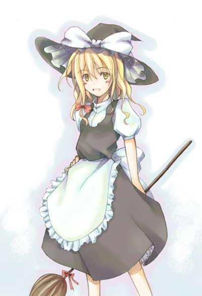 hirono, kirisame marisa, touhou, 1girl, blonde hair, broom, dress, female focus, hat, solo, white background, witch, witch hat, yellow eyes