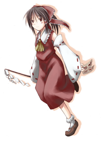 hirono, hakurei reimu, mary (ib), touhou, 1girl, ascot, bobby socks, bow, brown eyes, brown hair, collar, detached sleeves, dress, female focus, frills, full body, gohei, hair bow, holding, long sleeves, mary janes, ponytail, red bow, red dress, ribbon-trimmed sleeves, ribbon trim, shoes, simple background, socks, solo, stick, white background, white socks