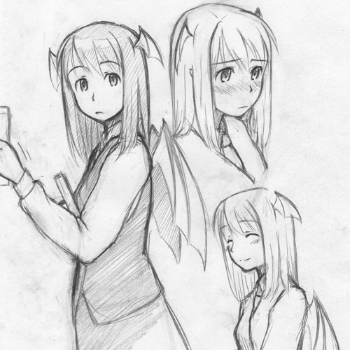 hirono, koakuma, embodiment of scarlet devil, touhou, lowres, 1girl, blush, female focus, greyscale, head wings, monochrome, reference sheet, sketch, skirt, solo, wings