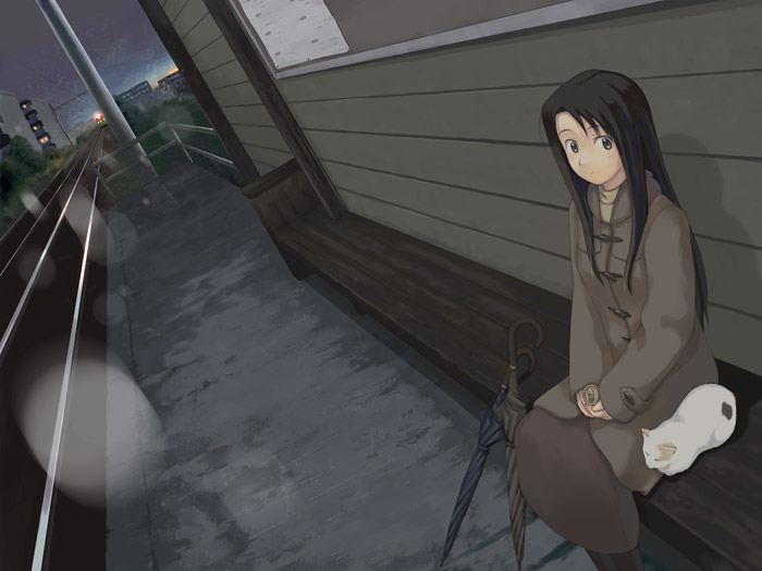 hirono, original, 1girl, cat, closed umbrella, coat, female focus, pantyhose, solo, umbrella