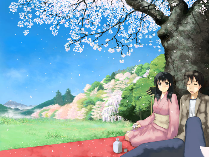 hirono, original, alcohol, black eyes, black hair, blouse, cherry blossoms, japanese clothes, picnic, sake, shirt, sky, tree, white shirt