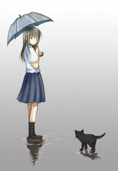 hirono, original, cat, rain, school uniform, serafuku, solo, umbrella