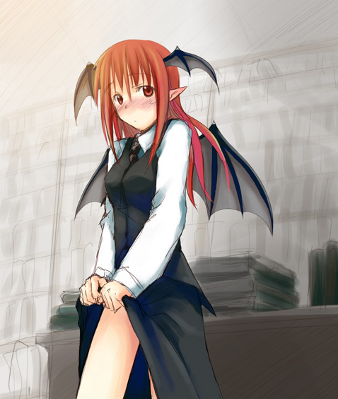 hirono, koakuma, embodiment of scarlet devil, touhou, 1girl, blush, clothes lift, dress, dress lift, female focus, head wings, pointy ears, red hair, skirt, skirt lift, solo, wings