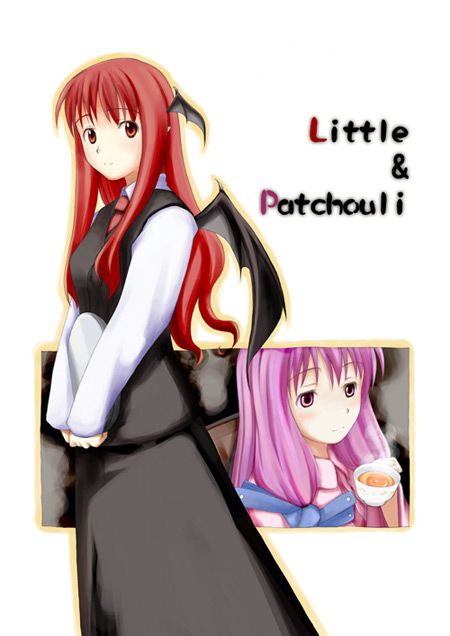 hirono, koakuma, patchouli knowledge, embodiment of scarlet devil, touhou, 2girls, black skirt, cowboy shot, demon girl, female focus, head wings, long hair, long sleeves, looking at viewer, multiple girls, purple eyes, purple hair, red eyes, red hair, shirt, simple background, skirt, white background, white shirt, wings