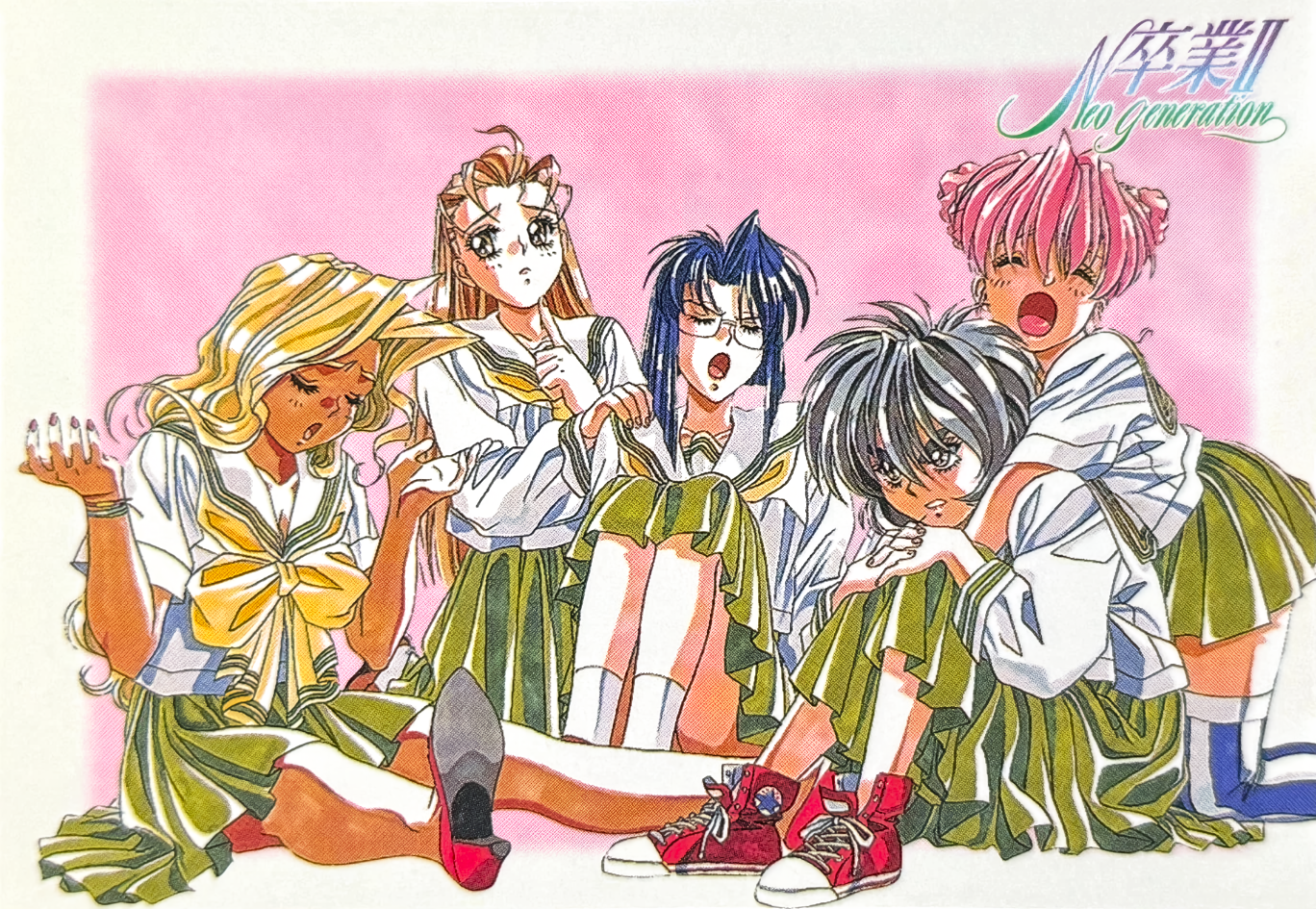 takei masaki, cindy sakurai, graduation (series), marker (medium), non-web source, official art, scan, traditional media, 1990s (style), black hair, blonde hair, blue hair, bracelet, brown hair, closed eyes, copyright name, dark-skinned female, dark skin, double bun, green skirt, hair bun, hand on another's shoulder, high heels, hug, hug from behind, interlocked fingers, inuzuka saori, ishibashi misako, jewelry, kneeling, knees up, long hair, long skirt, long sleeves, medium hair, miniskirt, no socks, open mouth, own hands together, pink hair, pleated skirt, pumps, red shoes, retro artstyle, rimless eyewear, school uniform, shoes, short hair, short sleeves, shrugging, sitting, skirt, sneakers, solo, sotsugyou ii: neo generation, tani yurika, thighhighs, w arms, yasuda maina, zettai ryouiki