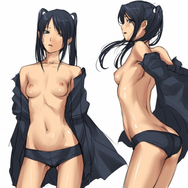 mosha, lenalee lee, d.gray-man, 00s, 1girl, ass, back, black eyes, black hair, black panties, breasts, female focus, grey eyes, legs, midriff, navel, nipples, panties, petite, sideboob, simple background, small breasts, solo, tears, thighs, topless female, twintails, underwear, undressing, white background